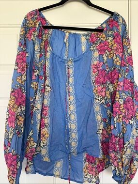 Blue Floral Peasant Blouse with Tie Front